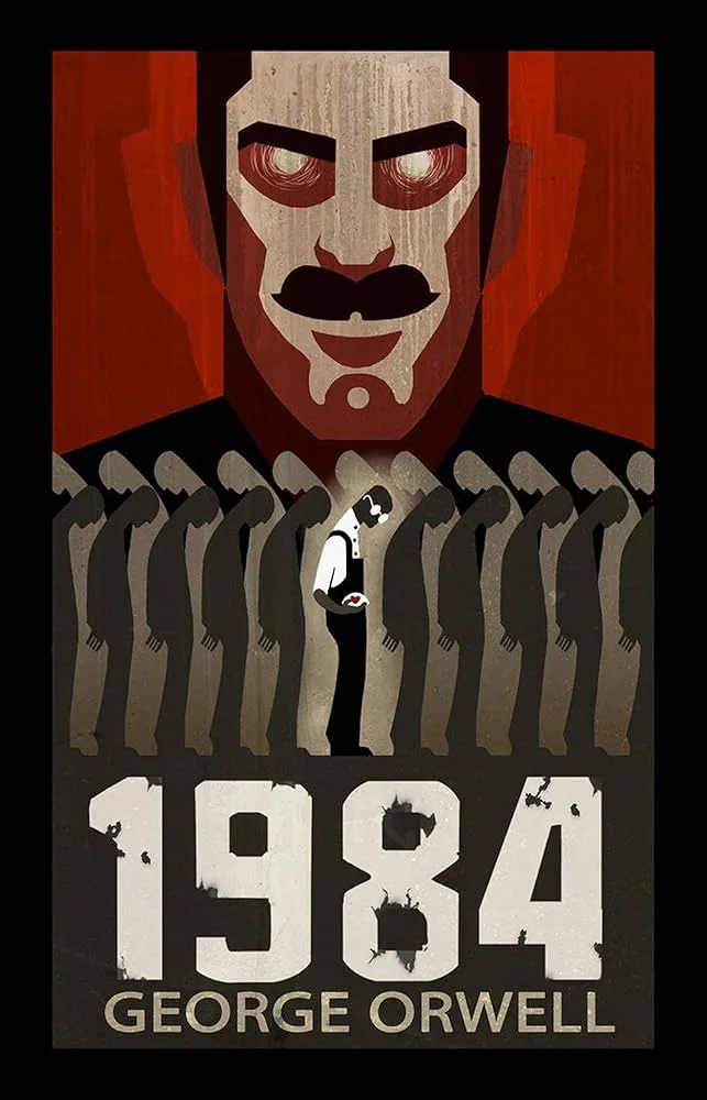 Big Brother dominating rows of bowing silhouettes, one figure upright