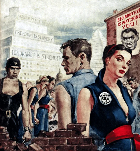 Citizens of Oceania labouring beneath Party slogans and a Big Brother poster