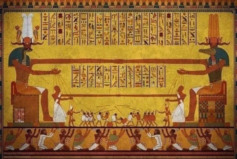 Ancient Egyptian mural — enthroned gods directing rows of human workers