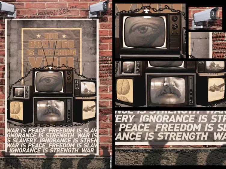 Big Brother and the Party's three slogans on stacked televisions