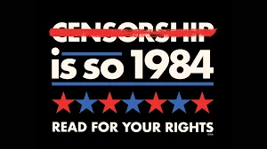 Censorship is so 1984 — graphic with stars and red text