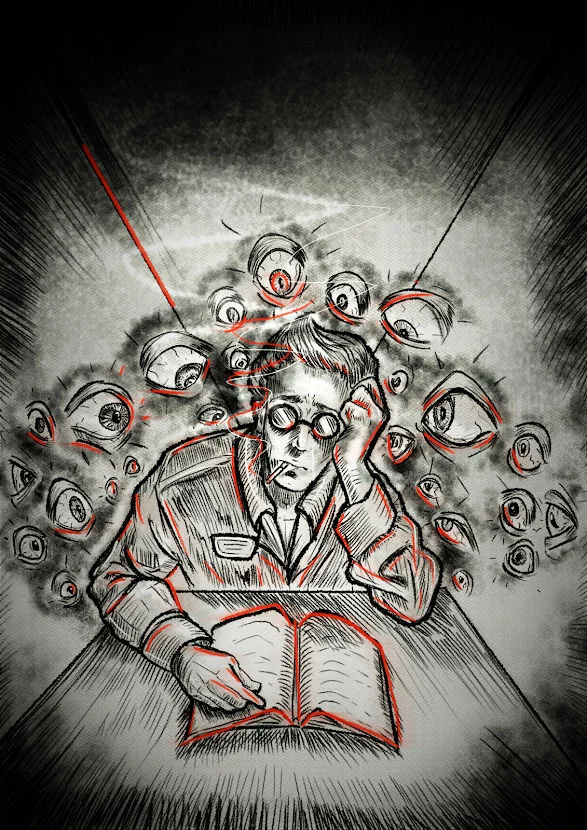 A figure hunched over an open book with chaotic thoughts swirling from their head