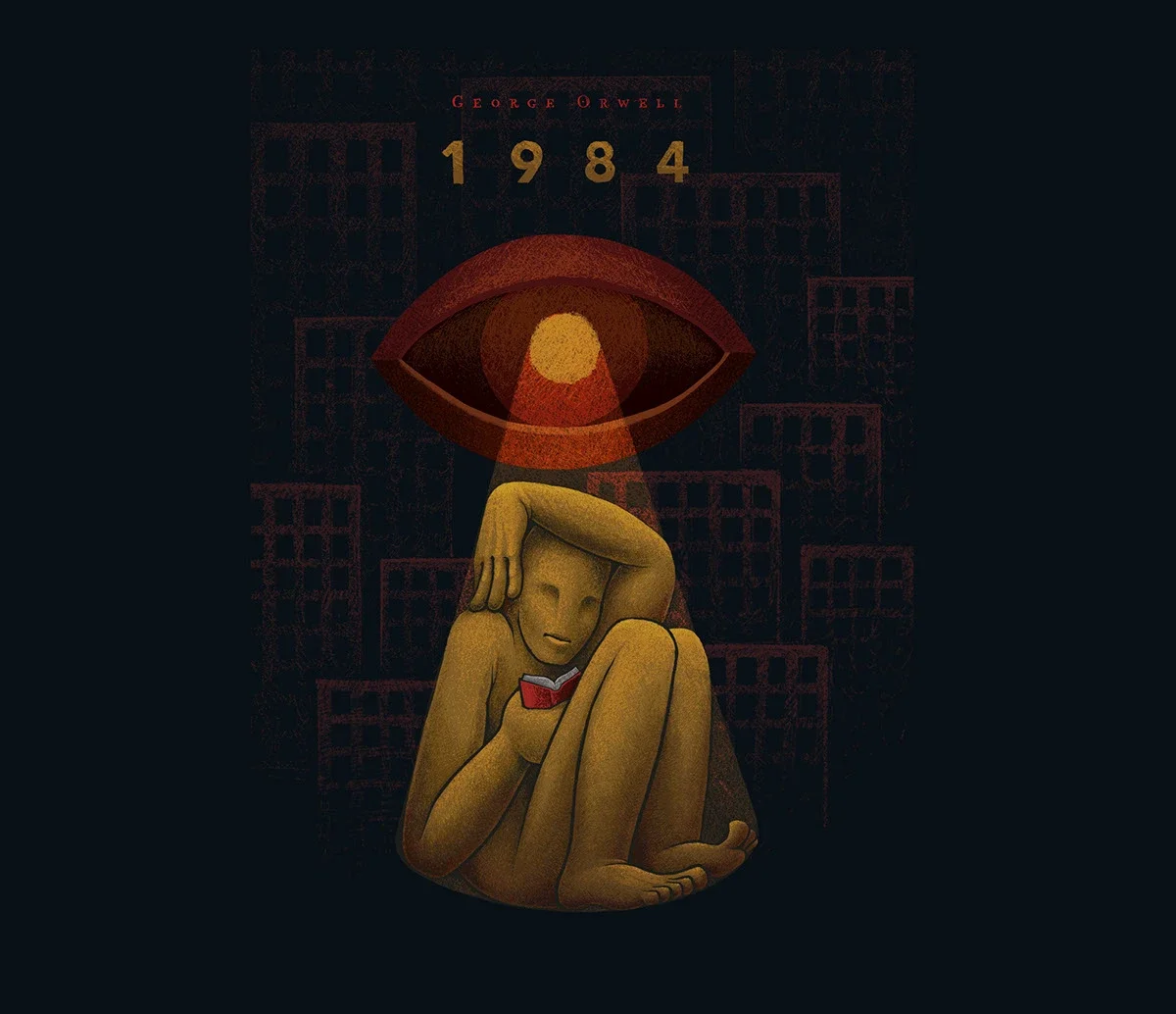 A small figure reads a red book beneath a massive red eye in a dark city