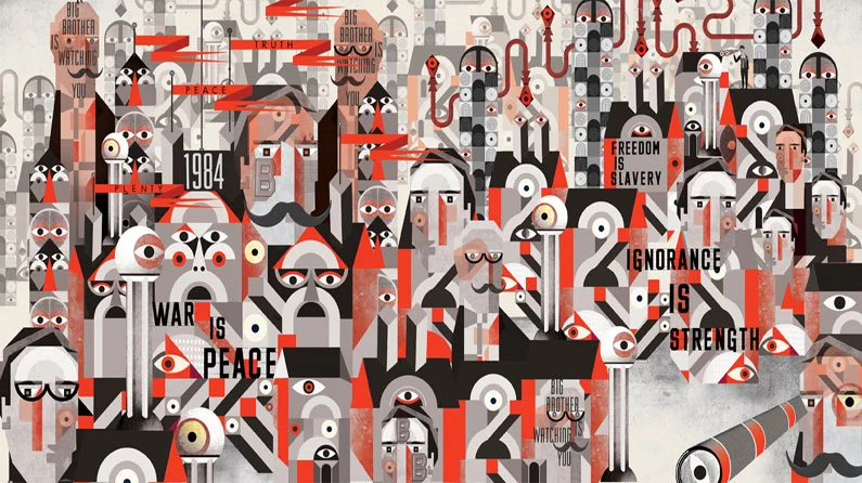Dense propaganda graphic of surveillance eyes and the Party's contradictory slogans