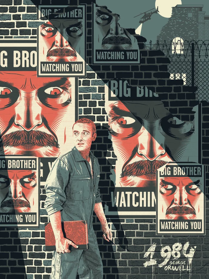 A lone man dwarfed by a brick wall plastered with Big Brother posters