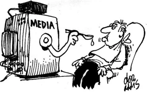 Cartoon: a man before a television labelled MEDIA, an arm reaching out to paint his face