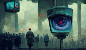 Crowd walking past a giant eye on a city monitor