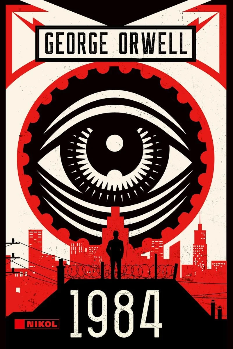 Book cover: giant eye in mechanical gear, lone figure and barbed wire