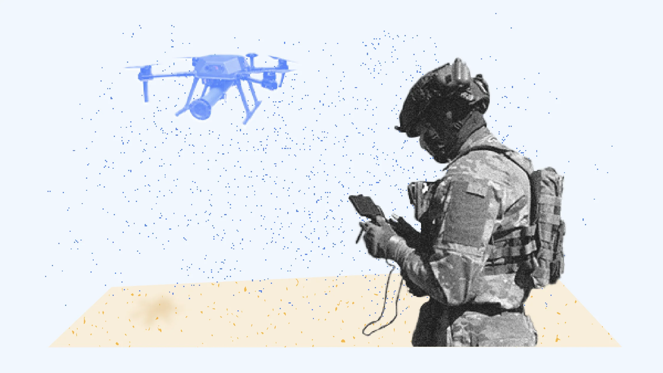 Soldier in tactical gear operating a surveillance drone