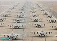 Mass formation of fighter jets on a desert airbase