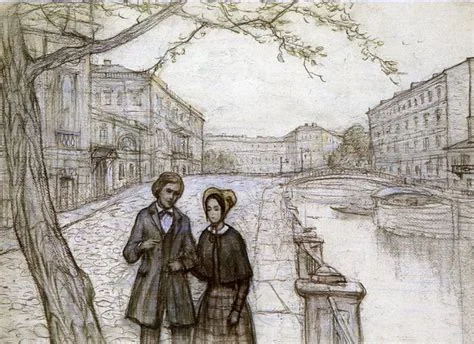 A pencil sketch illustration of a man and woman in 19th-century attire standing together along a canal in what appears to be St. Petersburg, with neoclassical buildings and a bridge in the background.