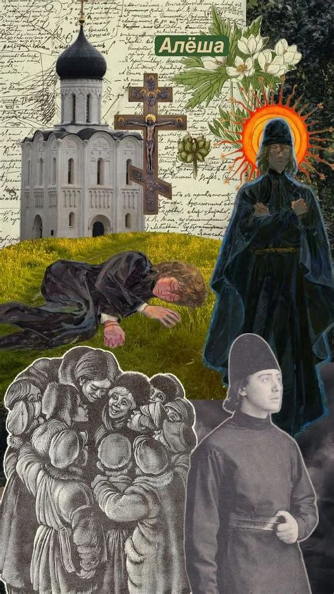 A mixed-media collage featuring a Russian Orthodox church, a crucifix, a figure with a halo labeled 'Алёша' (Alyosha) in green Cyrillic text, two figures prostrating on grass, a group of peasant figures in grayscale, and a young novice monk, all layered over handwritten manuscript text. Depicts: Aly