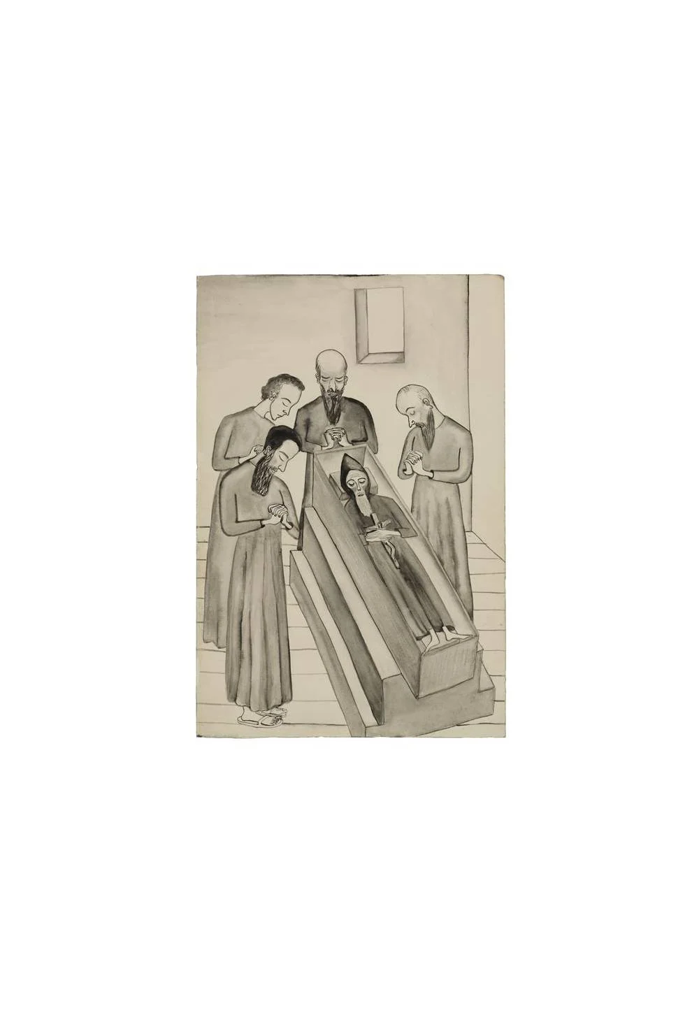 A monochrome drawing depicting four robed figures gathered in grief around an open coffin containing a deceased bearded man, set in a spare interior room. Depicts: Elder Zosima.