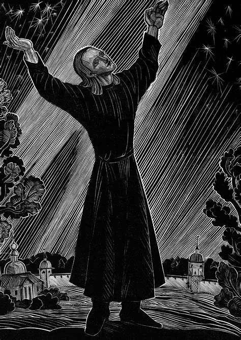 A woodcut-style black and white illustration of a robed figure with arms raised toward a starry night sky, standing before a Russian town with onion-domed churches in the background. Depicts: Alyosha Karamazov.