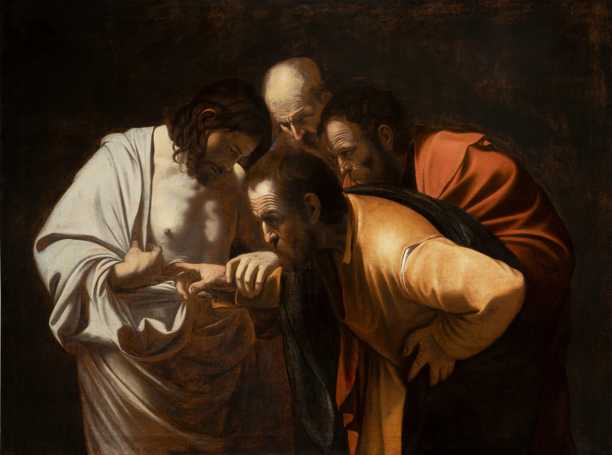Caravaggio's Baroque oil painting: the apostle Thomas probes with his finger the wound in the side of the risen Christ while two other apostles look on.