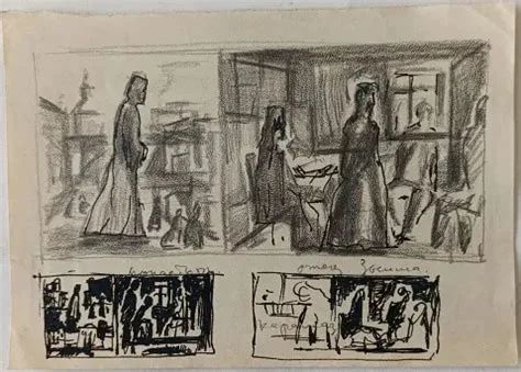 A pencil sketch study showing robed figures in an interior scene, with two smaller thumbnail compositions below containing Cyrillic inscriptions.