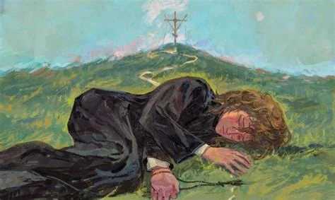 A painting of a dark-robed figure lying face-down on a green hillside, with a cross atop a winding path in the misty background. Depicts: Alyosha Karamazov.