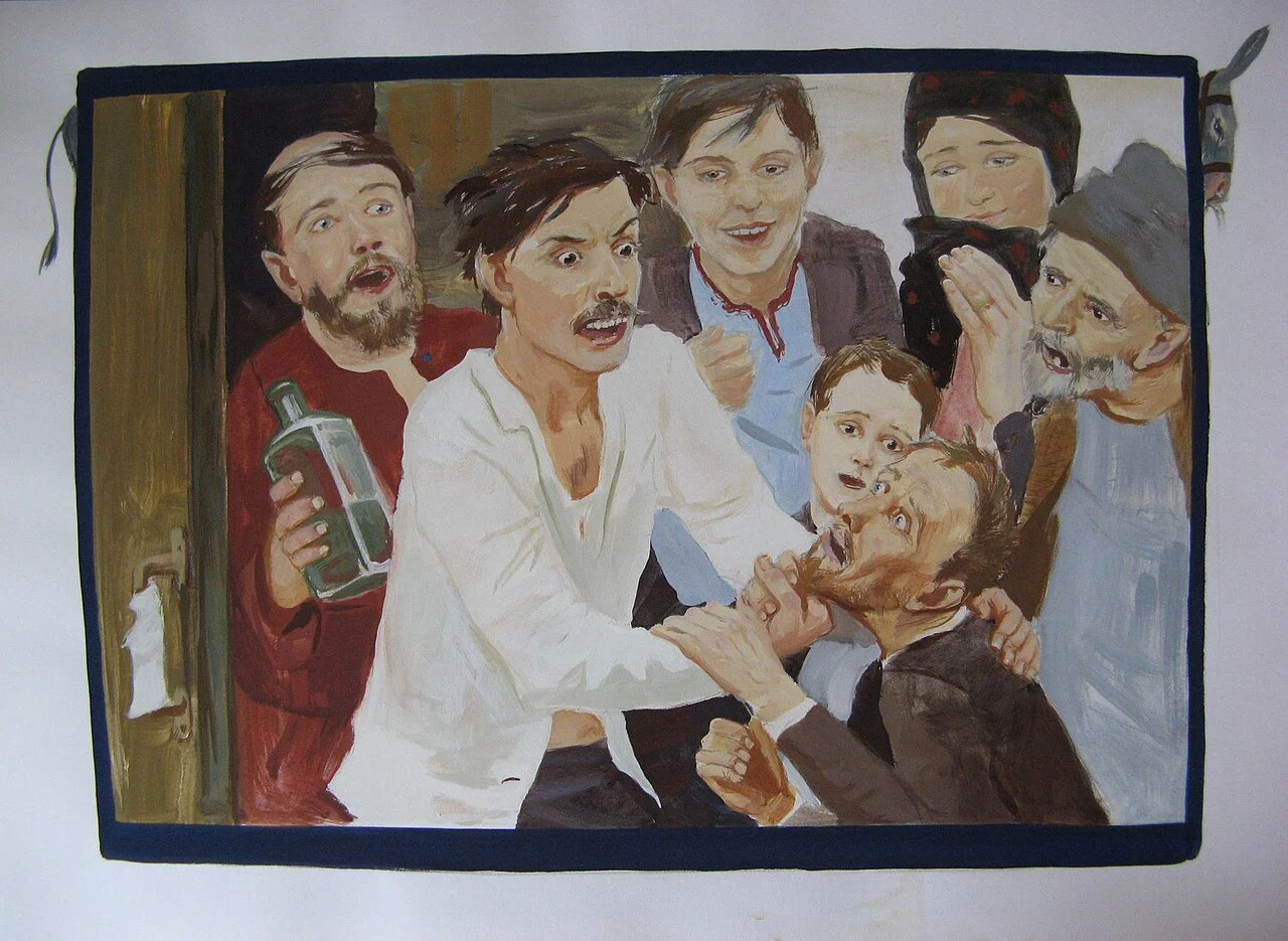 A painted illustration showing a forceful confrontation where a man in white grabs another man by the beard while a crowd of onlookers watches, including a small child among the group. Depicts: Dmitri Karamazov, Captain Snegiryov, Ilyusha Snegiryov.