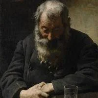 painted portrait of an old grey-bearded man seated in the dark, hands folded, an empty glass before him (the captain)