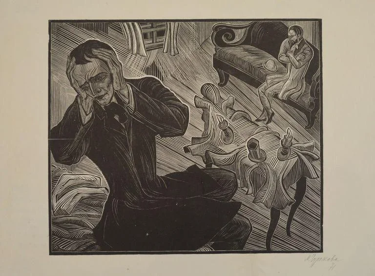 Expressionist woodcut: a man in a suit collapses forward, hands pressed to his head, while small devilish figures caper around his room. Depicts: Ivan Karamazov.