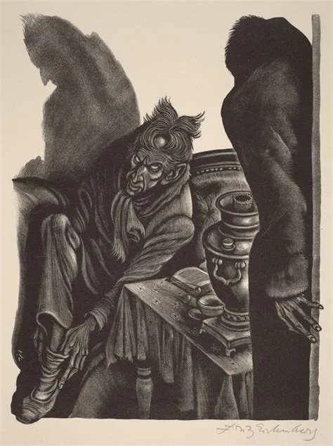A dark expressionist illustration depicting a grotesque, disheveled demonic figure seated in a chair beside an ornate samovar, with a shadowy silhouette looming in the background. Depicts: Ivan Karamazov.