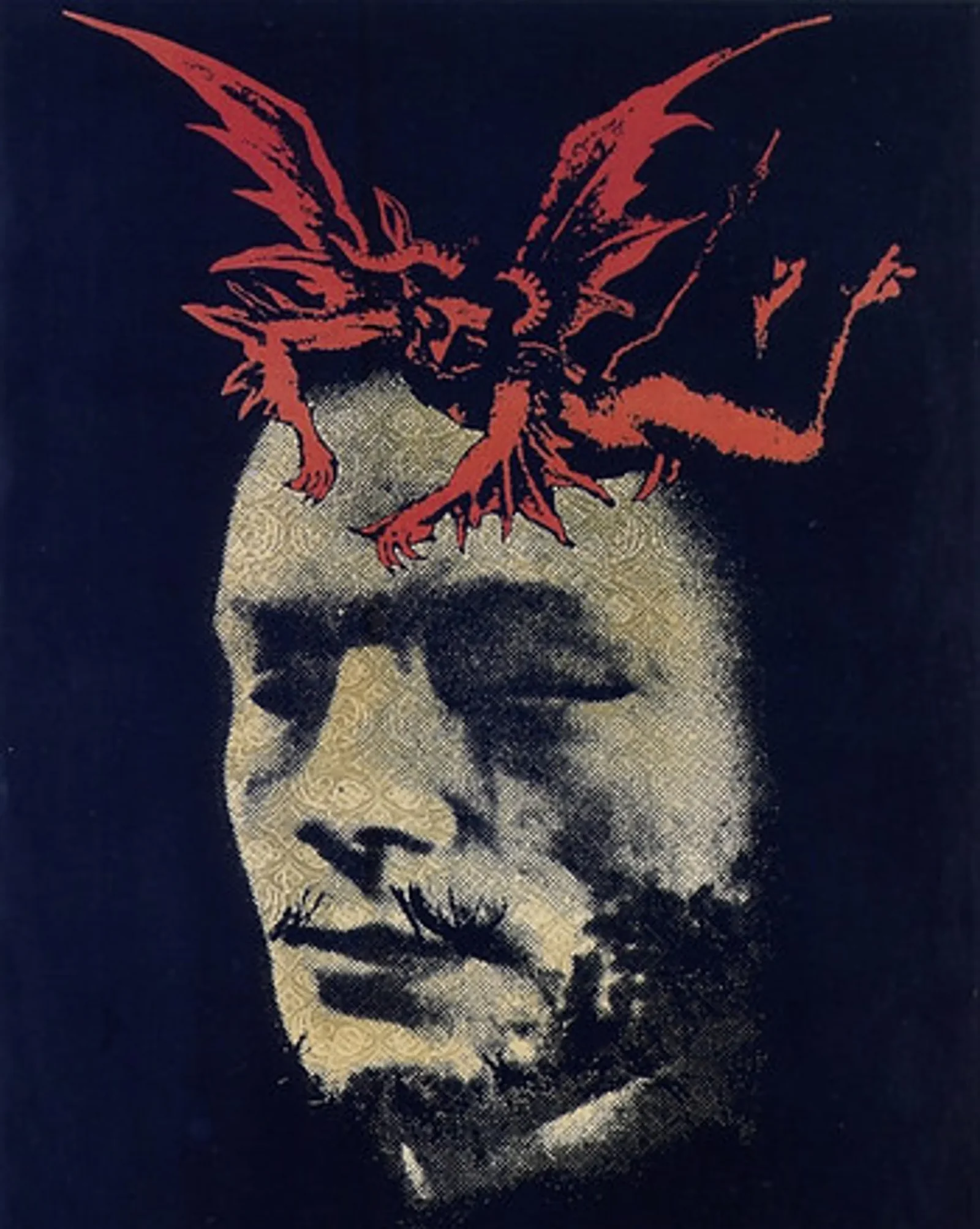 Theatre poster (Teatr Wspolczesny we Wroclawiu): a red winged devil crouches on the forehead of a sleeping man's face — Dostoevsky's devil iconography.