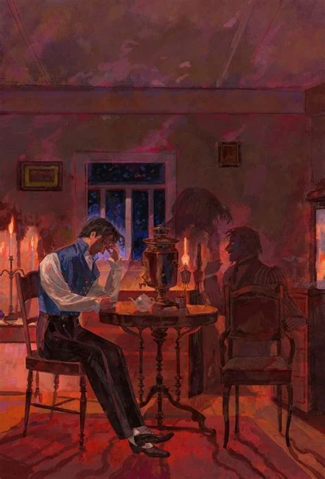 A young man sits hunched in brooding contemplation at a candlelit round table set with a samovar, while a shadowy figure looms behind him in a dimly lit, warmly glowing interior room. Depicts: Ivan Karamazov.