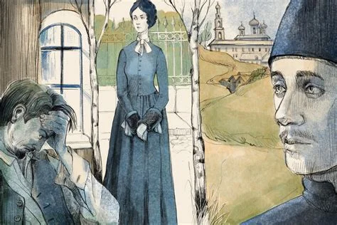 A watercolor-style literary illustration showing three figures: a grief-stricken man with his head in his hands on the left, a composed woman in a long Victorian-era blue dress standing by a garden gate with birch trees in the centre, and a close-up profile of a brooding man in a peaked cap on the r