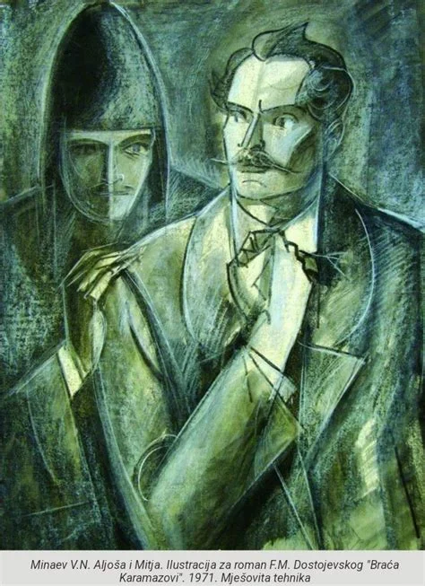 A green-toned expressionist mixed-media illustration depicting two male figures, one in a hooded cloak and one in a suit with a mustache, rendered in angular modernist style.