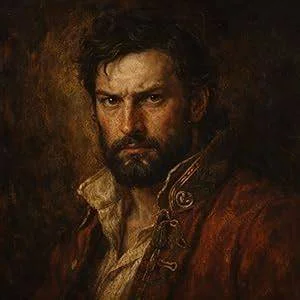 painted portrait of a bearded man with a hard stare in a red coat (Dmitri)