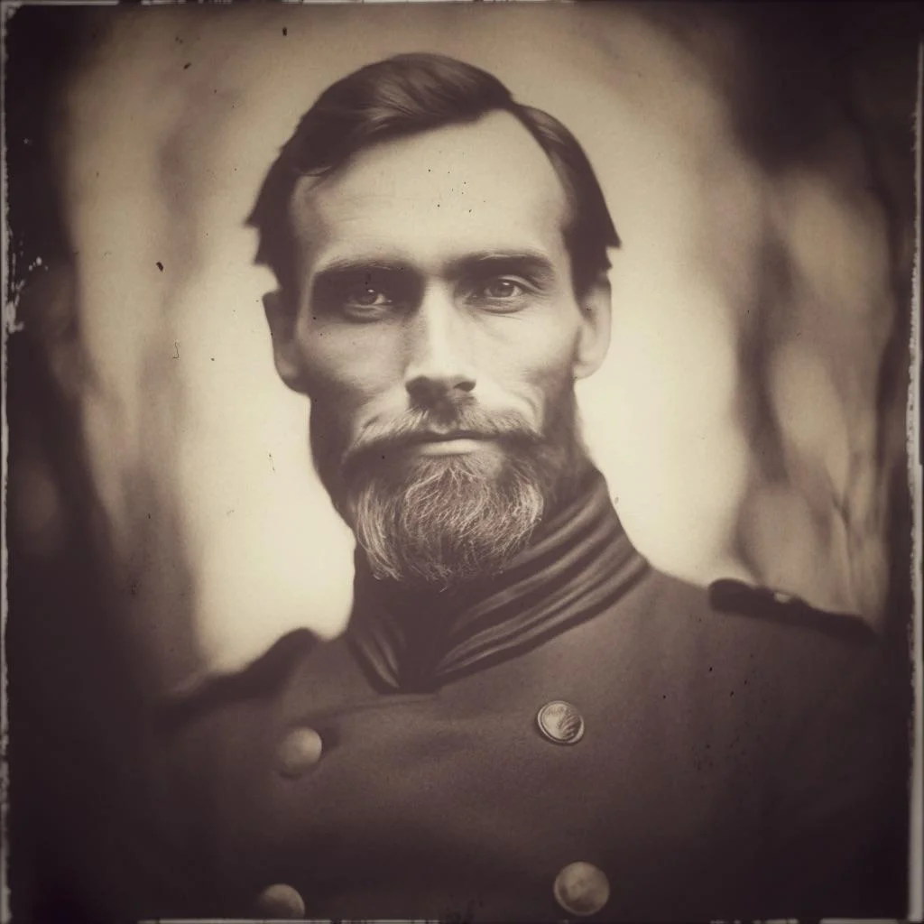 Sepia tintype-style portrait of a bearded officer in high-collared uniform — Dmitri's iconography as the ex-army officer. Depicts: Dmitri (Mitya) Karamazov.