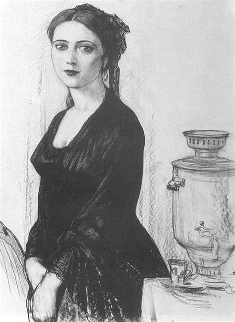A pencil or charcoal sketch of a dark-haired woman in a black dress seated beside a Russian samovar on a table with a teacup.