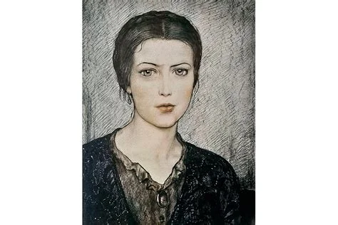A painted portrait of a young woman with dark short hair, pale skin, and a composed, melancholic expression, wearing a dark garment with a small pendant.