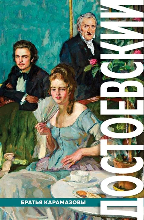A painted book cover in an Impressionist style depicting three figures — a brooding young man in dark clothing, an elegant woman in a light blue dress holding a fan, and an older distinguished gentleman in the background — gathered around a table in a richly decorated interior, with the Russian titl