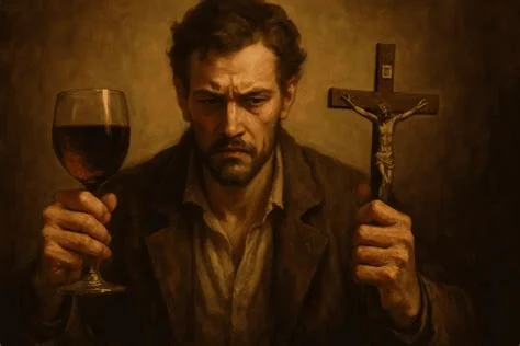 A painted man with a stern, conflicted expression holds a glass of red wine in one hand and a wooden crucifix in the other against a dark, warm-toned background.