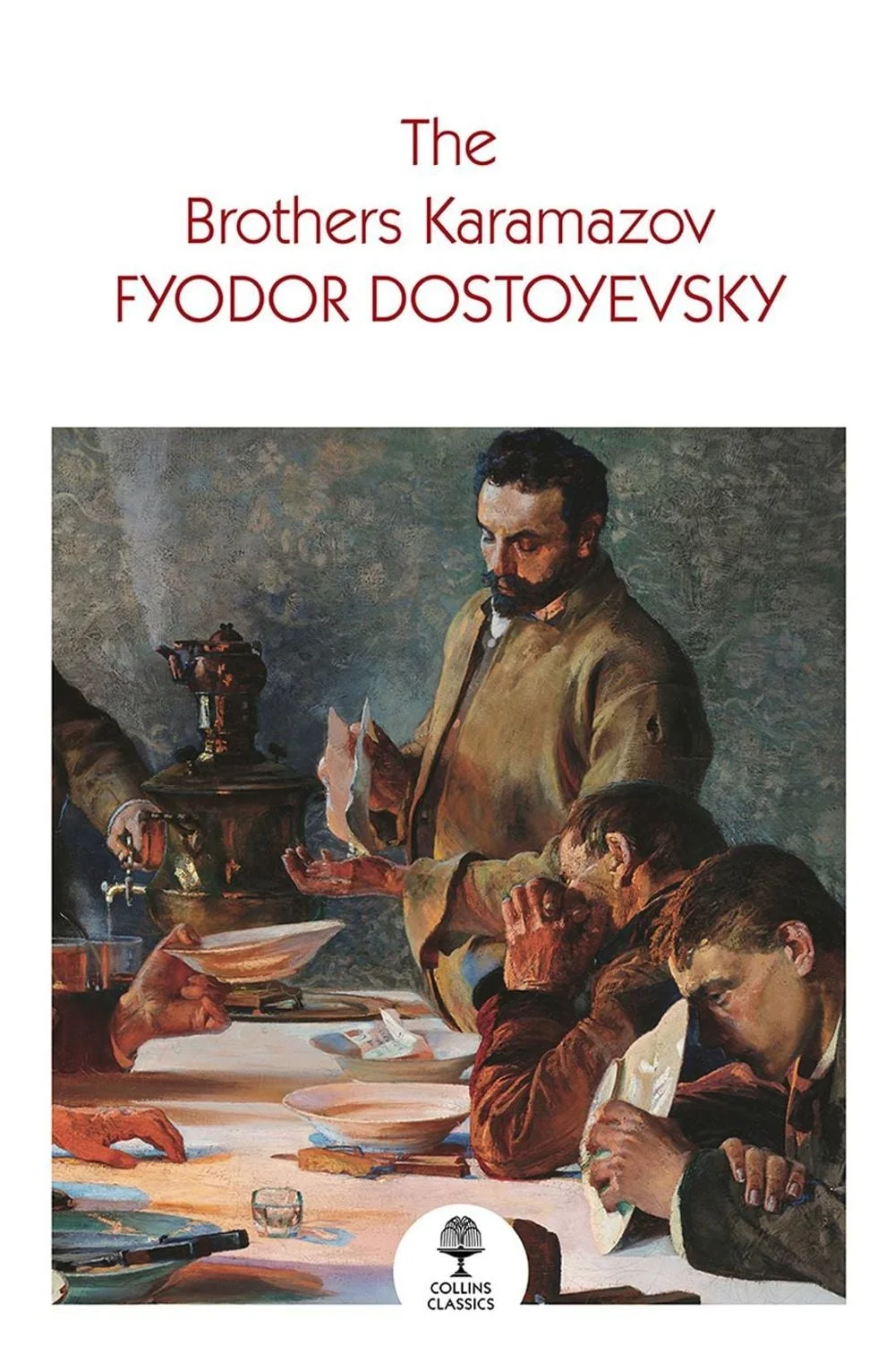 Book cover, Collins Classics: Russian genre painting of men around a table with a samovar, one standing and reading aloud.