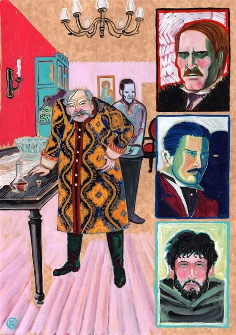 Comic-style fan illustration ("El dibujante apurado"): Fyodor Pavlovich Karamazov in a harlequin-patterned dressing gown gesturing in his drawing room beneath framed portraits of his sons.
