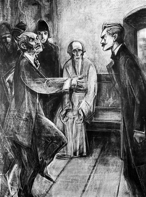 A dramatic black-and-white charcoal or ink illustration showing a crouching, grotesque man gesturing aggressively toward a composed tall figure on the right, while a frail elderly monk stands between them, with additional onlookers in the background. Depicts: Elder Zosima, Fyodor Pavlovich Karamazov