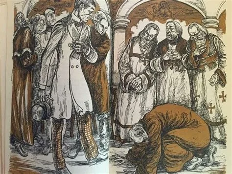 A two-panel pen-and-ink illustration showing well-dressed 19th-century figures gathered in arched doorways on the left, and a robed figure prostrating on the ground before a group of clergy or monks on the right. Depicts: Dmitri Karamazov, Elder Zosima.