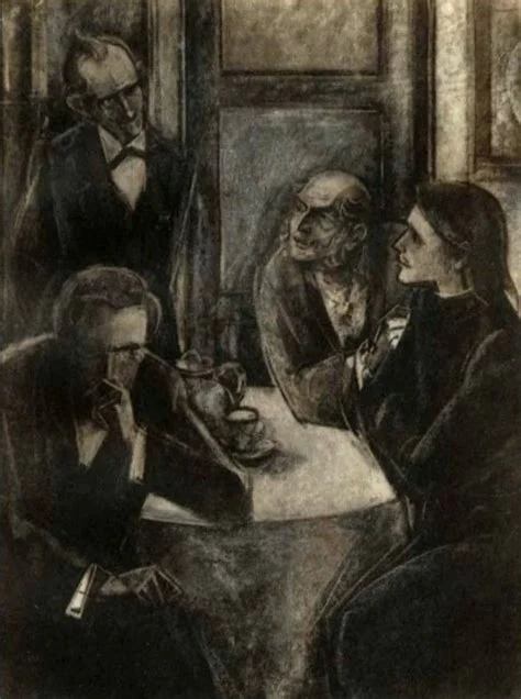 A dark, expressive charcoal or pencil illustration depicting four figures gathered around a table in a dimly lit interior, with one figure resting his head in his hands while others observe or converse.