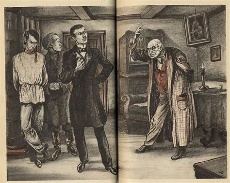 A double-page pen-and-ink illustration showing three composed young men on the left facing a wild-eyed, dishevelled old man on the right who points accusingly at them, set in a dimly lit interior with a framed portrait and candle on a table in the background. Depicts: Fyodor Pavlovich Karamazov.