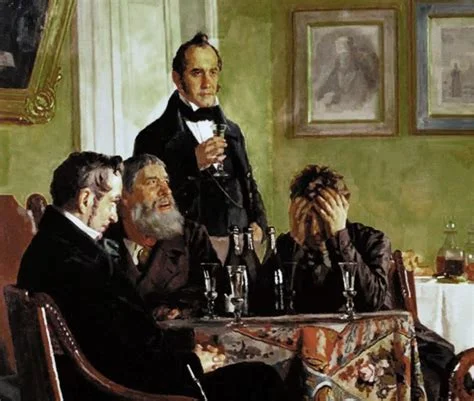A 19th-century realist oil painting depicting four men gathered around a table set with wine glasses and bottles, one man standing and raising a glass in a toast while one of the seated men buries his face in his hands in apparent shame or despair.