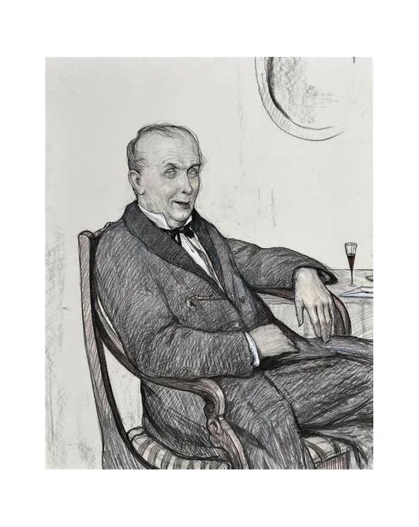 A pencil sketch illustration of an elderly man in a formal suit and bow tie, seated in a wooden armchair with a wine glass visible on a table beside him. Depicts: Fyodor Pavlovich Karamazov.