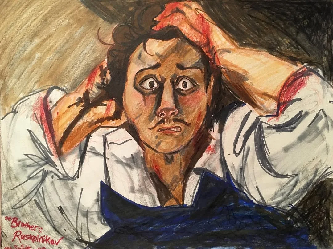 An expressionist painting of a wide-eyed figure in a white shirt clutching their head in both hands, their face contorted in an expression of horror or despair.