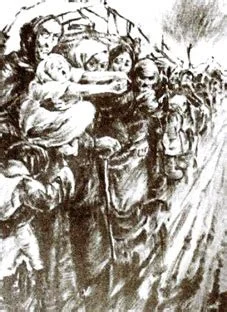 A black and white sketch illustration depicting a dense, pressing crowd of suffering or desperate figures, rendered in a dark and expressionistic style.