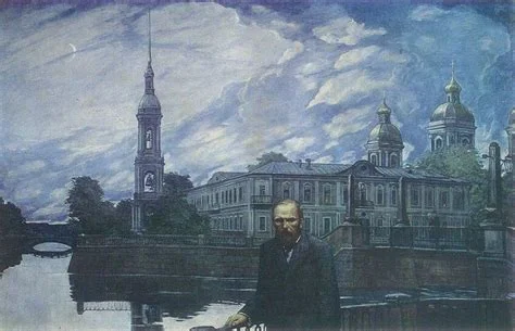 A painted portrait of a bearded man resembling Fyodor Dostoevsky standing before a moody Russian cityscape featuring Orthodox church domes, a tall bell tower, classical buildings, and a canal under a dramatic moonlit sky.