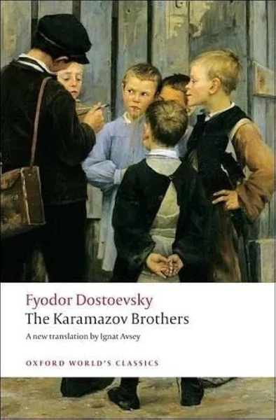 Book cover, Oxford World's Classics (tr. Ignat Avsey): Russian genre painting of schoolboys crowding around a boy with a satchel — Ilyusha and the boys.