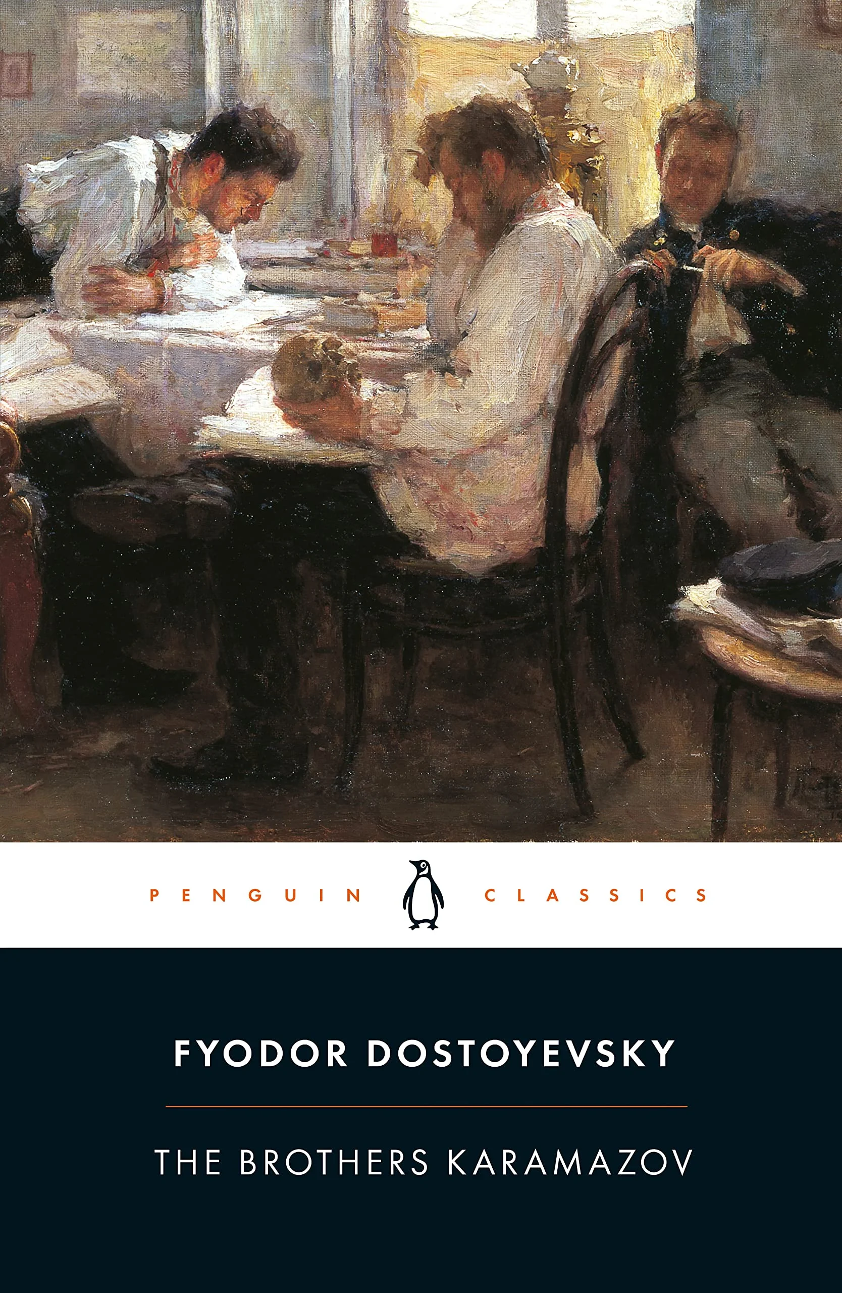 Book cover, Penguin Classics edition: Russian genre painting of men at a tavern table, one holding a skull in discussion.