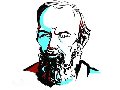 A bold graphic-art style portrait of a bearded man with intense eyes, rendered in black, cyan, and red on a white background.