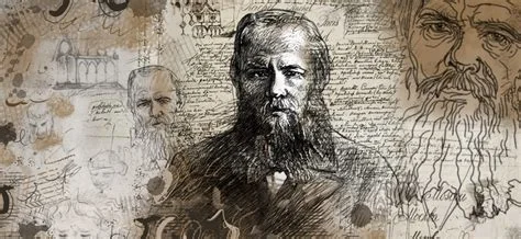 A sepia-toned artistic composite featuring a large central pencil-sketch portrait of a bearded man resembling Dostoevsky, surrounded by aged manuscript handwriting, faint architectural sketches, and smaller portrait studies of other bearded figures in the background.